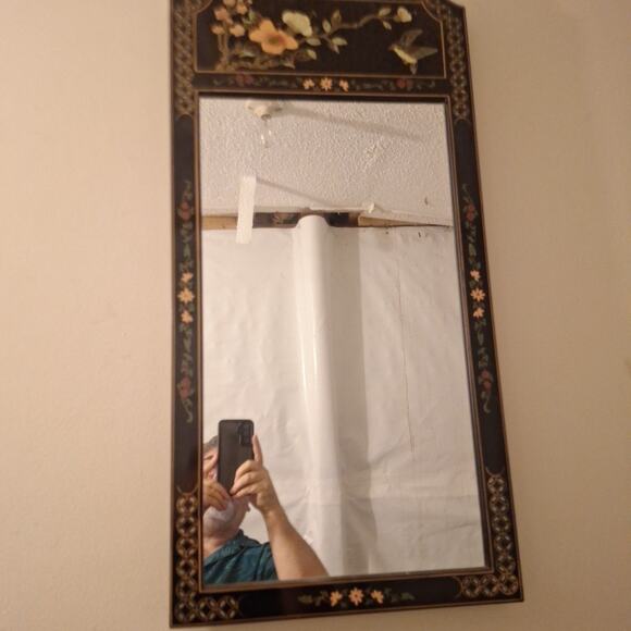 Vintage Black Lacquer Chinoiserie Scenery Motif Oriental Mirror Hand Painted - Picture 2 of 7